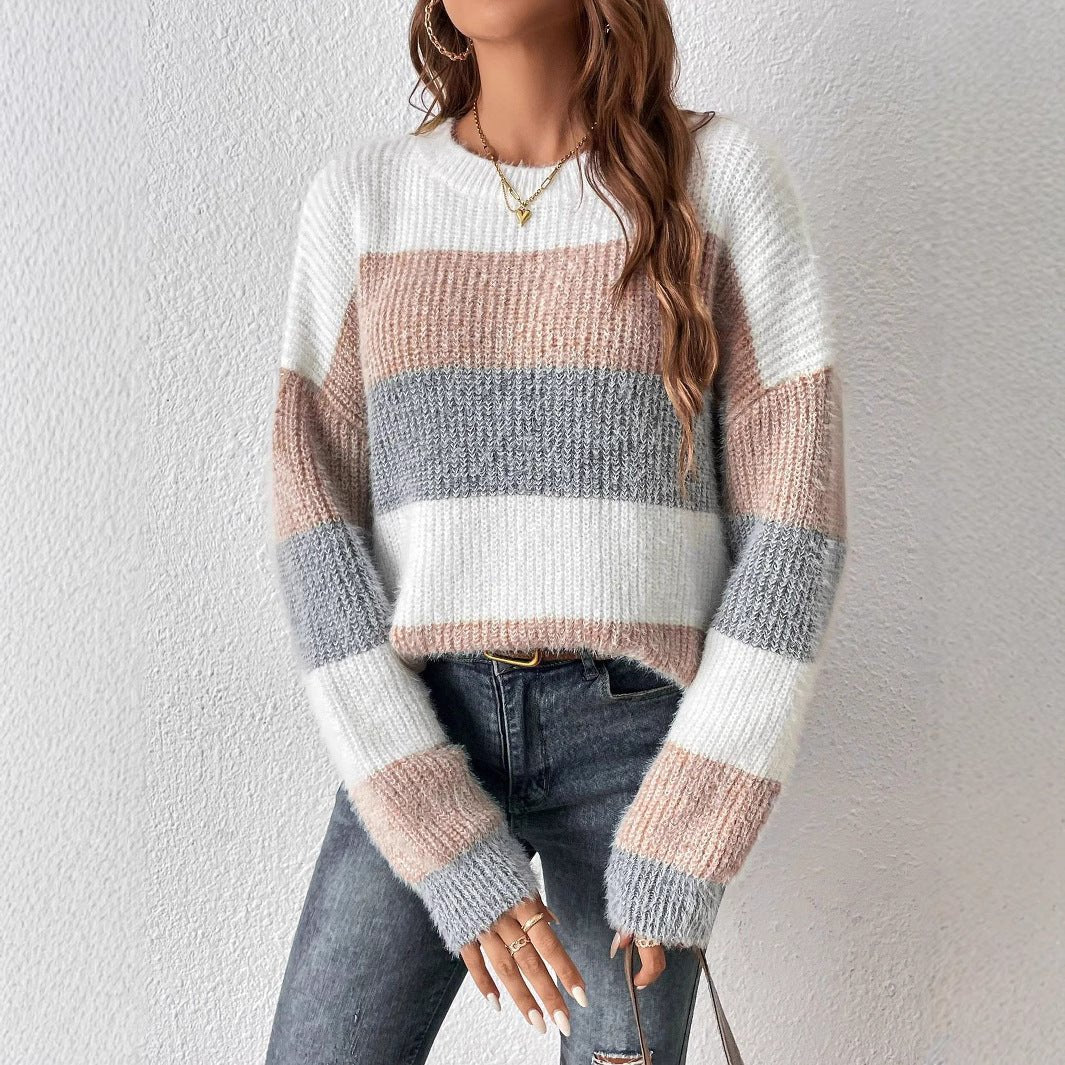 Round Neck Striped Contrast Color Women's Sweater Leisure Pullover - Ormond Beach Boutique