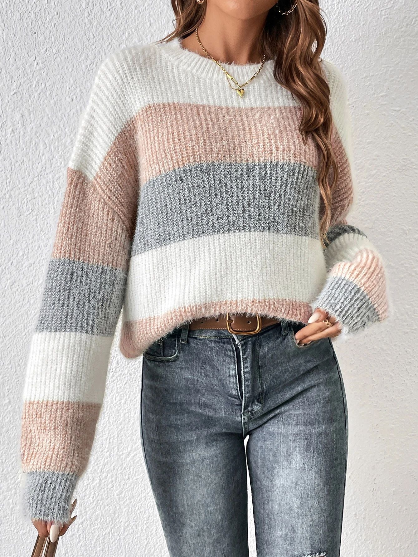 Round Neck Striped Contrast Color Women's Sweater Leisure Pullover - Ormond Beach Boutique