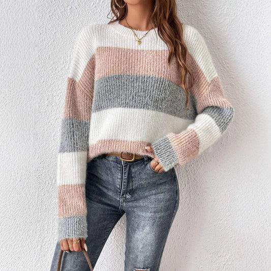 Round Neck Striped Contrast Color Women's Sweater Leisure Pullover - Ormond Beach Boutique