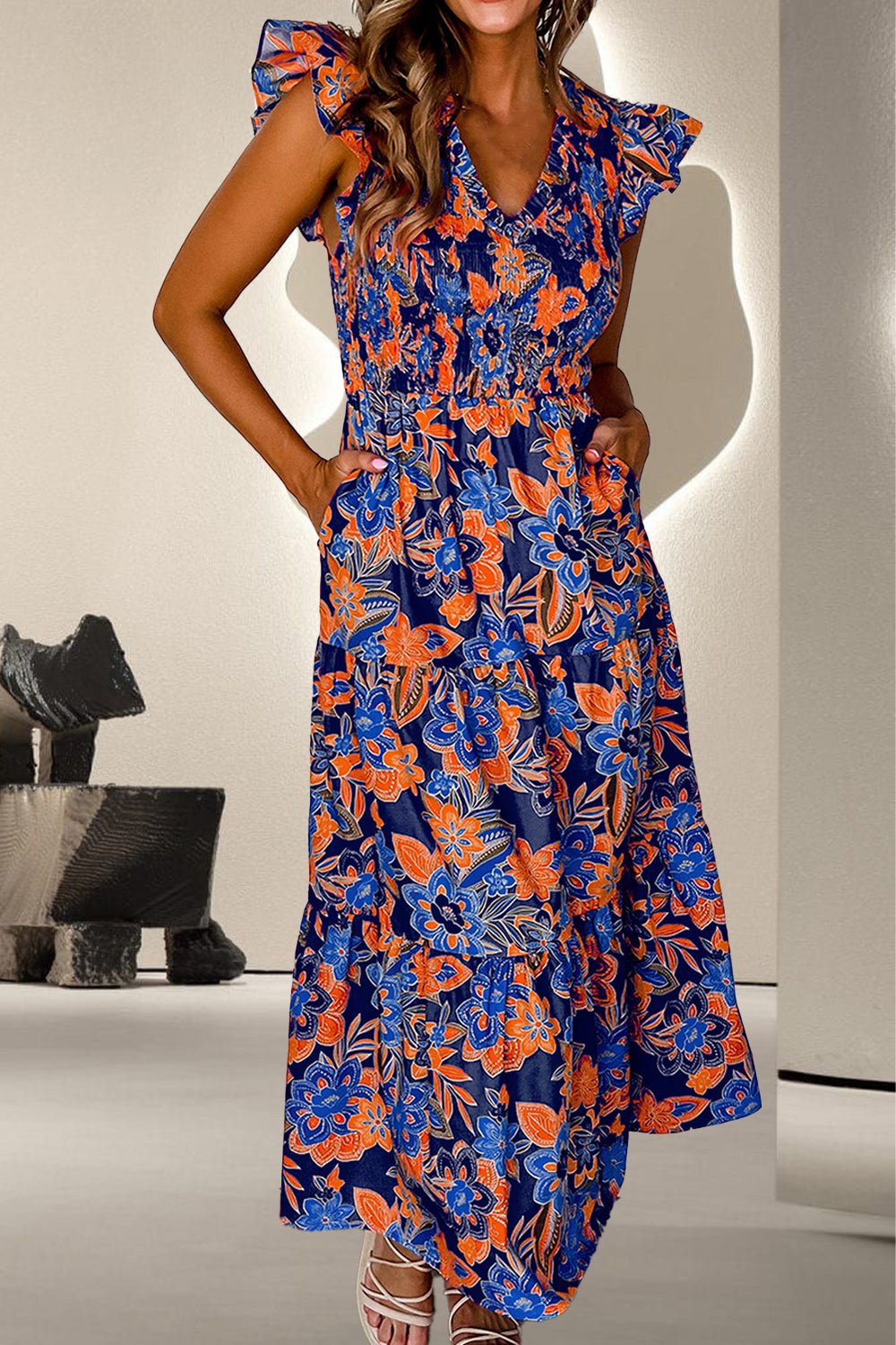 Ruffled Printed Cap Sleeve Dress - Ormond Beach Boutique