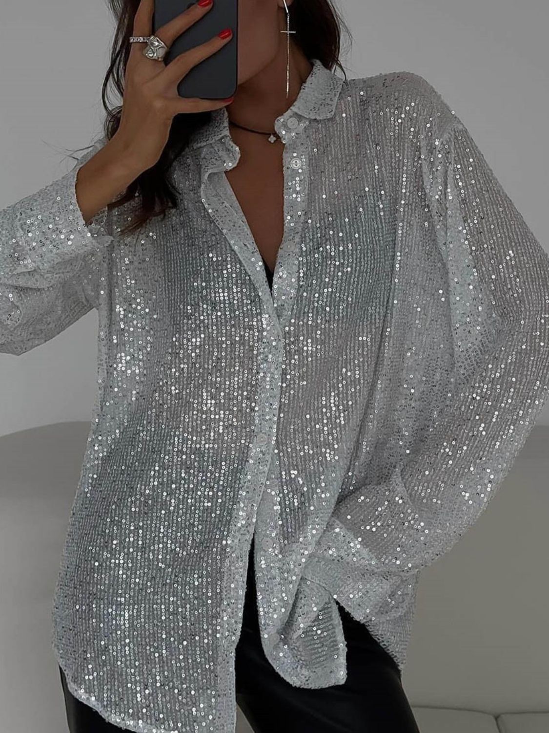 Sequin Button Up Long Sleeve Shirt - Ormond Beach Boutique