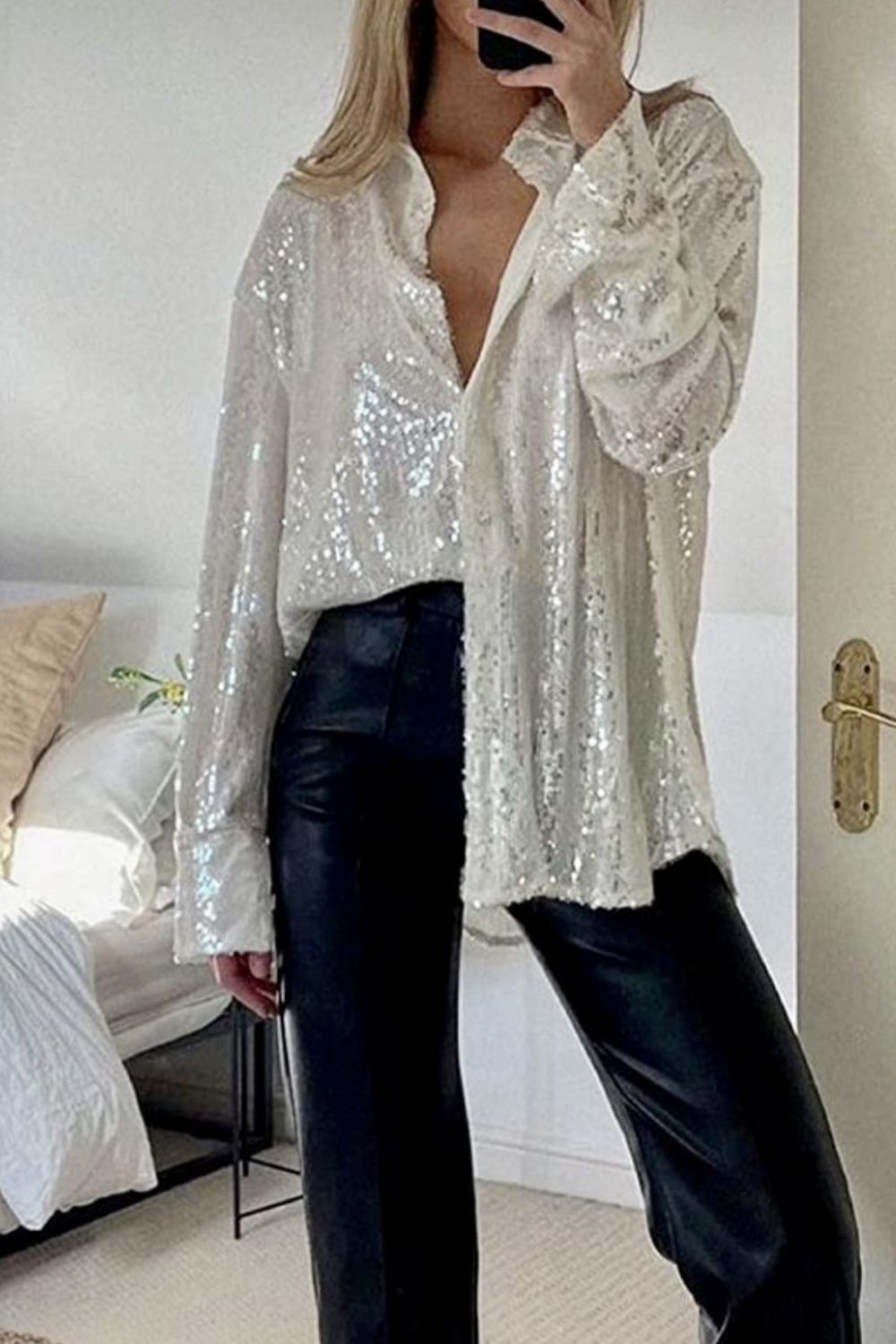 Sequin Button Up Long Sleeve Shirt - Ormond Beach Boutique