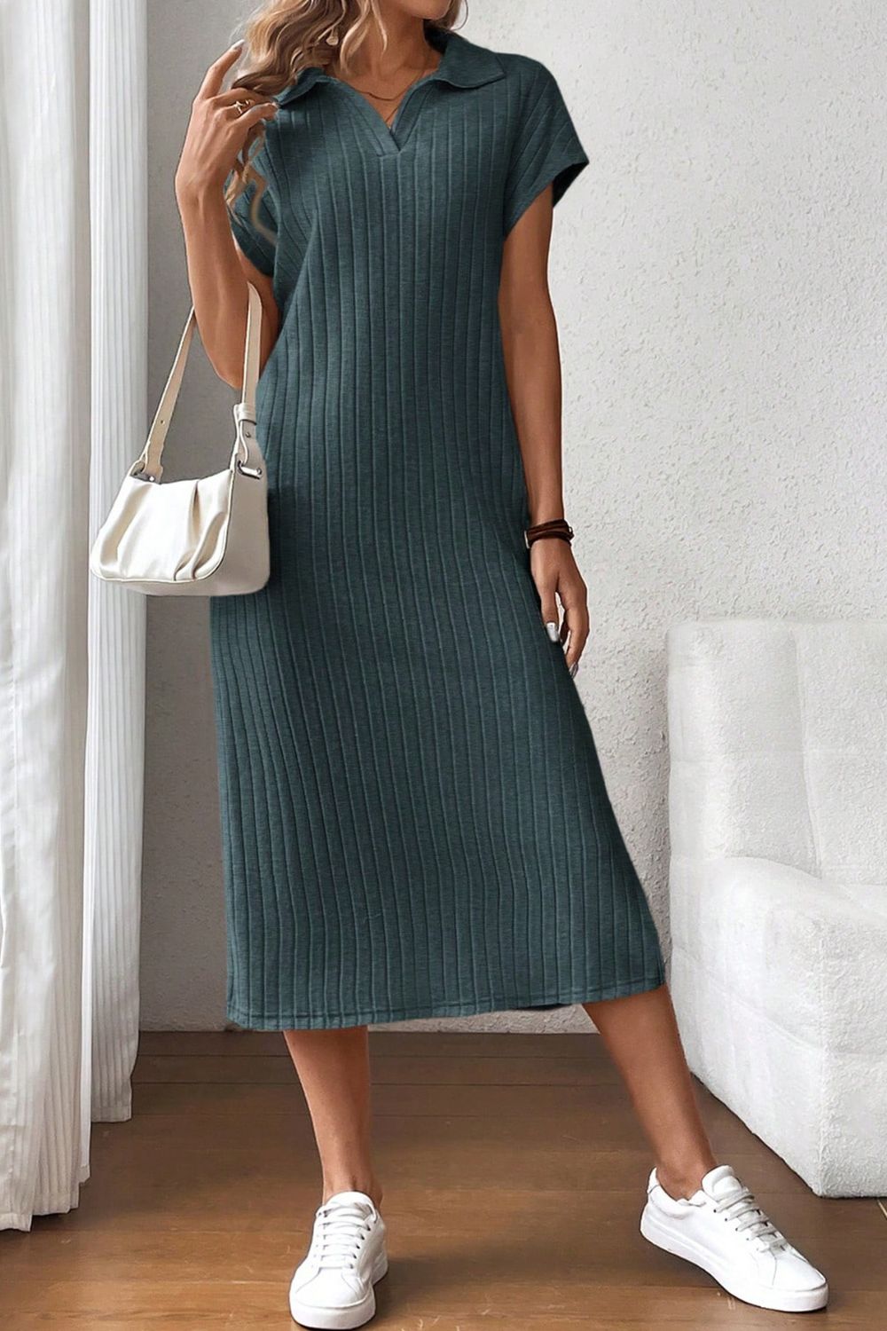 Side Slit Johnny Collar Short Sleeve Midi Dress - Ormond Beach Boutique