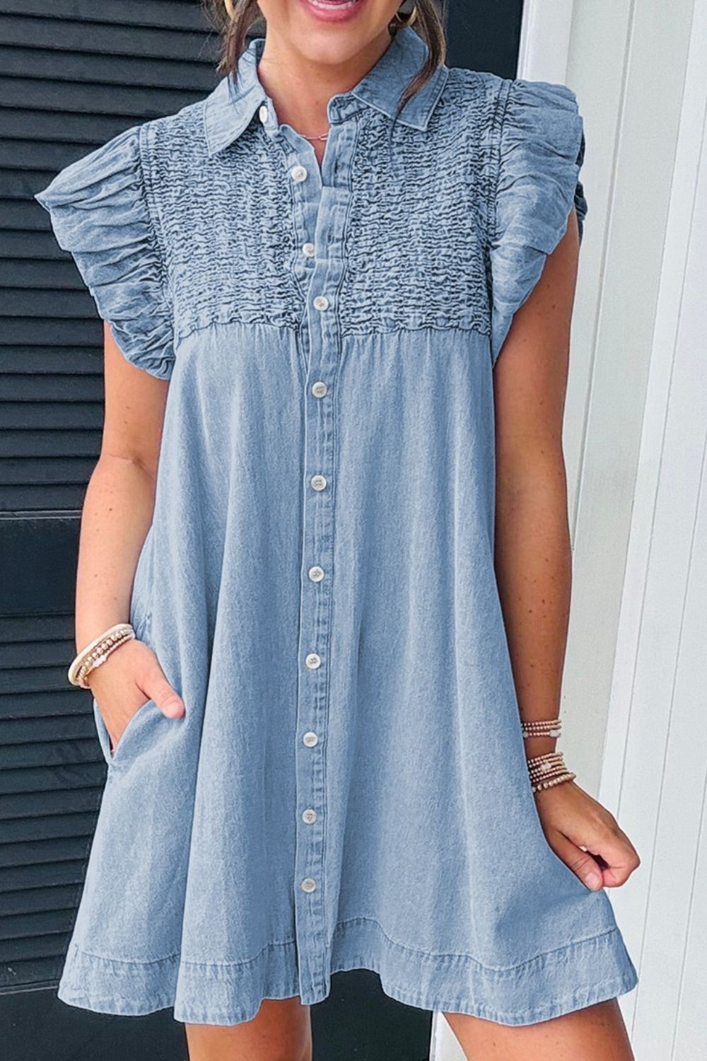 Smocked Collared Neck Cap Sleeve Denim Dress - Ormond Beach BoutiqueTrendsiOrmond Beach Boutique1771bf7e - f44a - 4a6e - 9f17 - ecc0988b39d4 - Max100100175895069100100175895069MediumXL