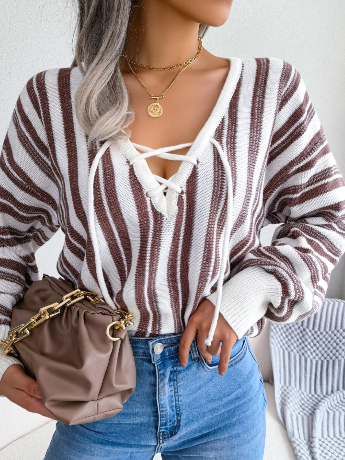 Striped Lace - Up Long Sleeve Sweater - Ormond Beach BoutiqueTrendsiOrmond Beach Boutique3a392d89 - 0e96 - 4b64 - 82f9 - cd4784cd675b - Max100100301464228100100301464228TaupeL