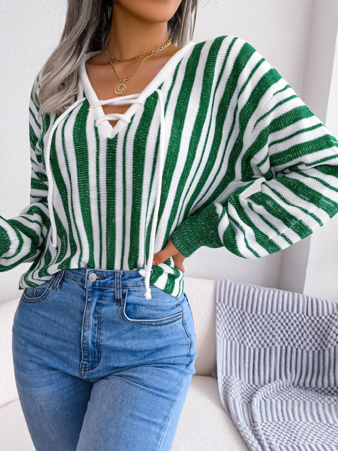 Striped Lace - Up Long Sleeve Sweater - Ormond Beach BoutiqueTrendsiOrmond Beach Boutiquede18e647 - 6abe - 4067 - b443 - 1bec4685031d - Max100100301464729100100301464729GreenM