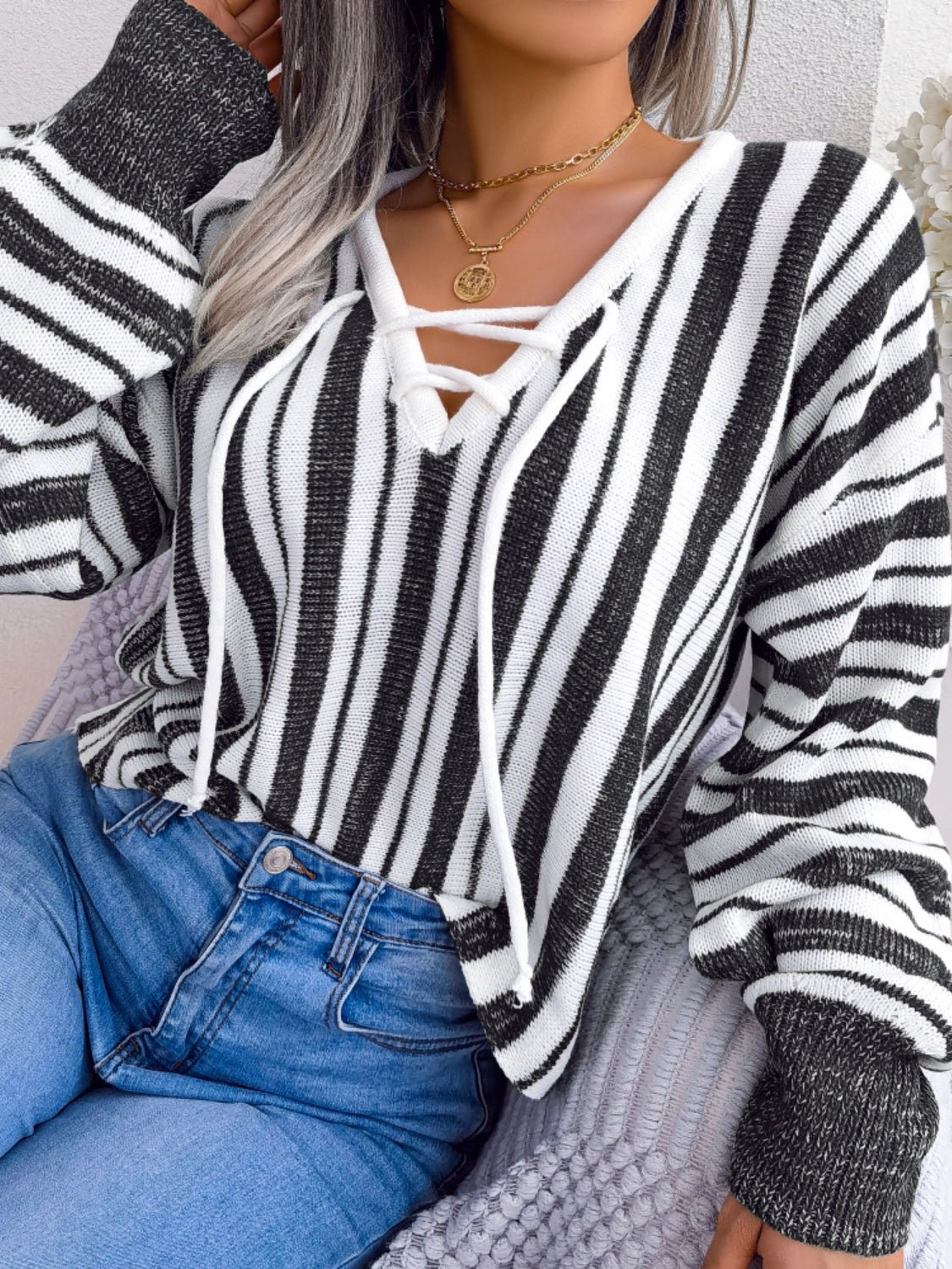 Striped Lace - Up Long Sleeve Sweater - Ormond Beach BoutiqueTrendsiOrmond Beach Boutique538228b8 - b11b - 4053 - 9d93 - bac7951d18fe - Max100100301465935100100301465935BlackS