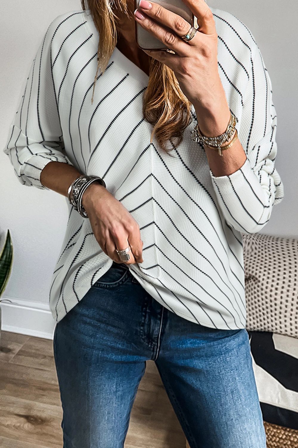 Striped V - Neck Long Sleeve Blouse - Ormond Beach Boutique