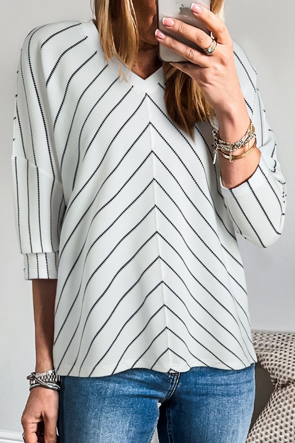 Striped V - Neck Long Sleeve Blouse - Ormond Beach Boutique