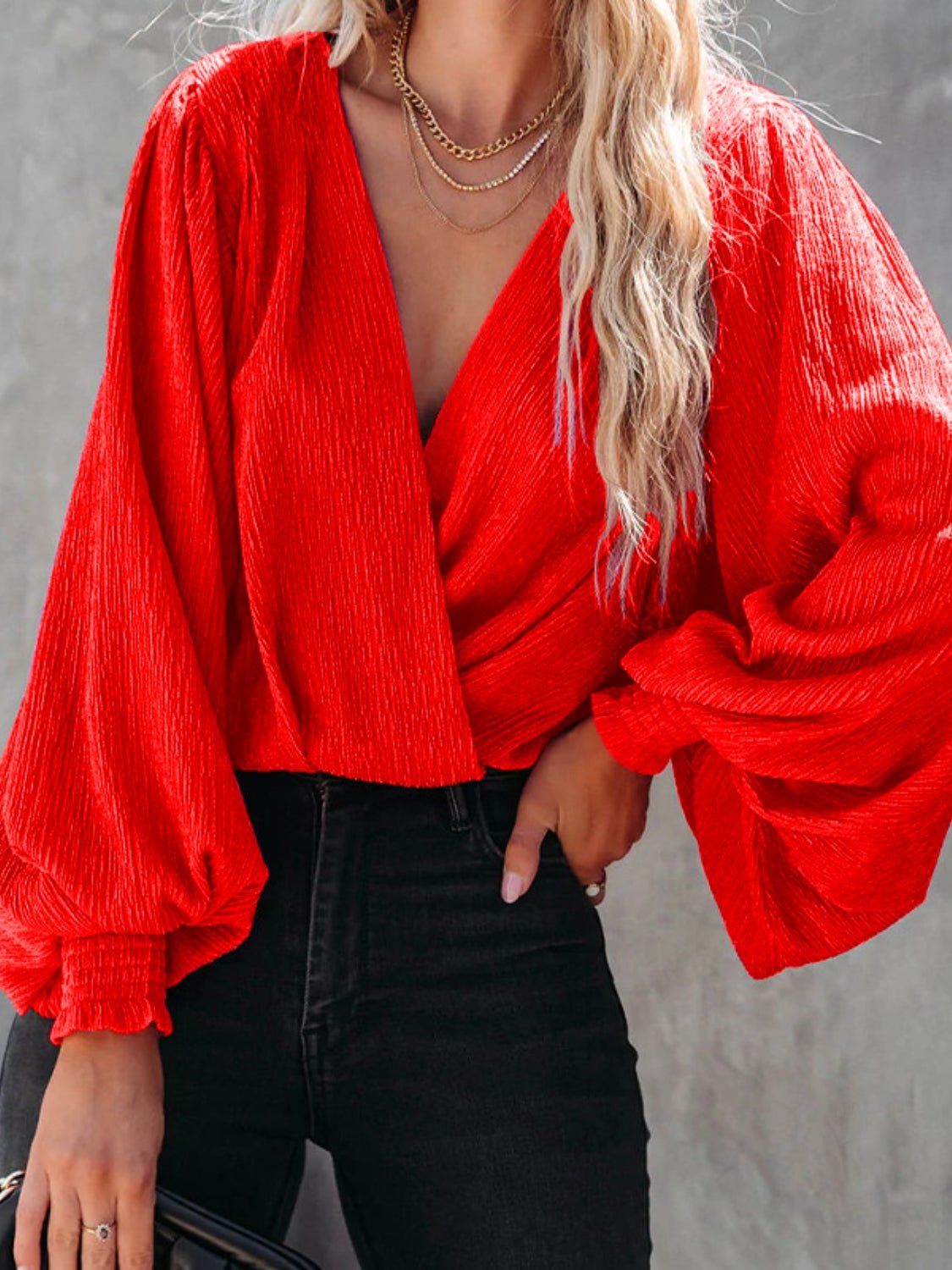 Texture Surplice Lantern Sleeve Blouse - Ormond Beach Boutique