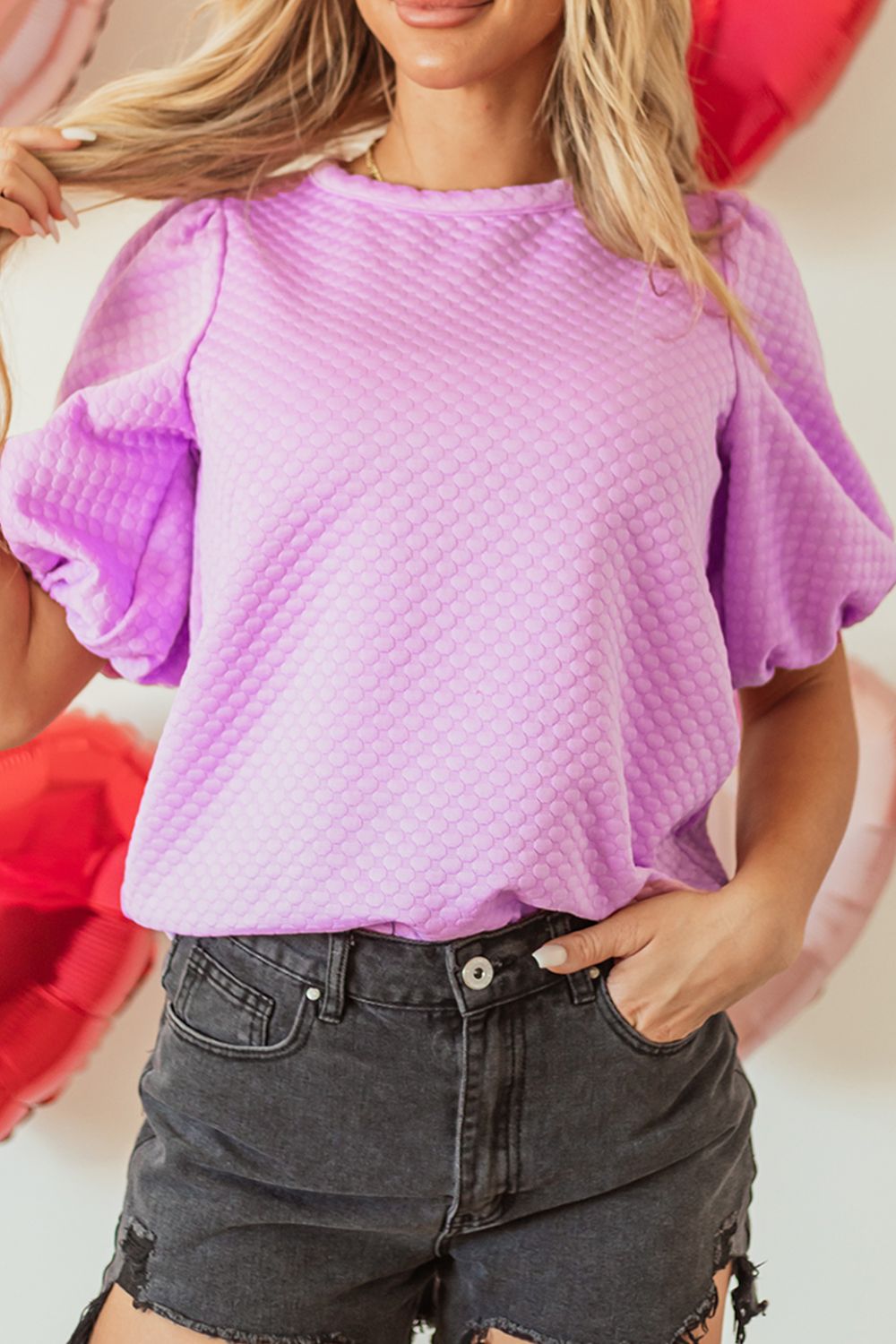 Textured Round Neck Puff Sleeve Blouse - Ormond Beach Boutique