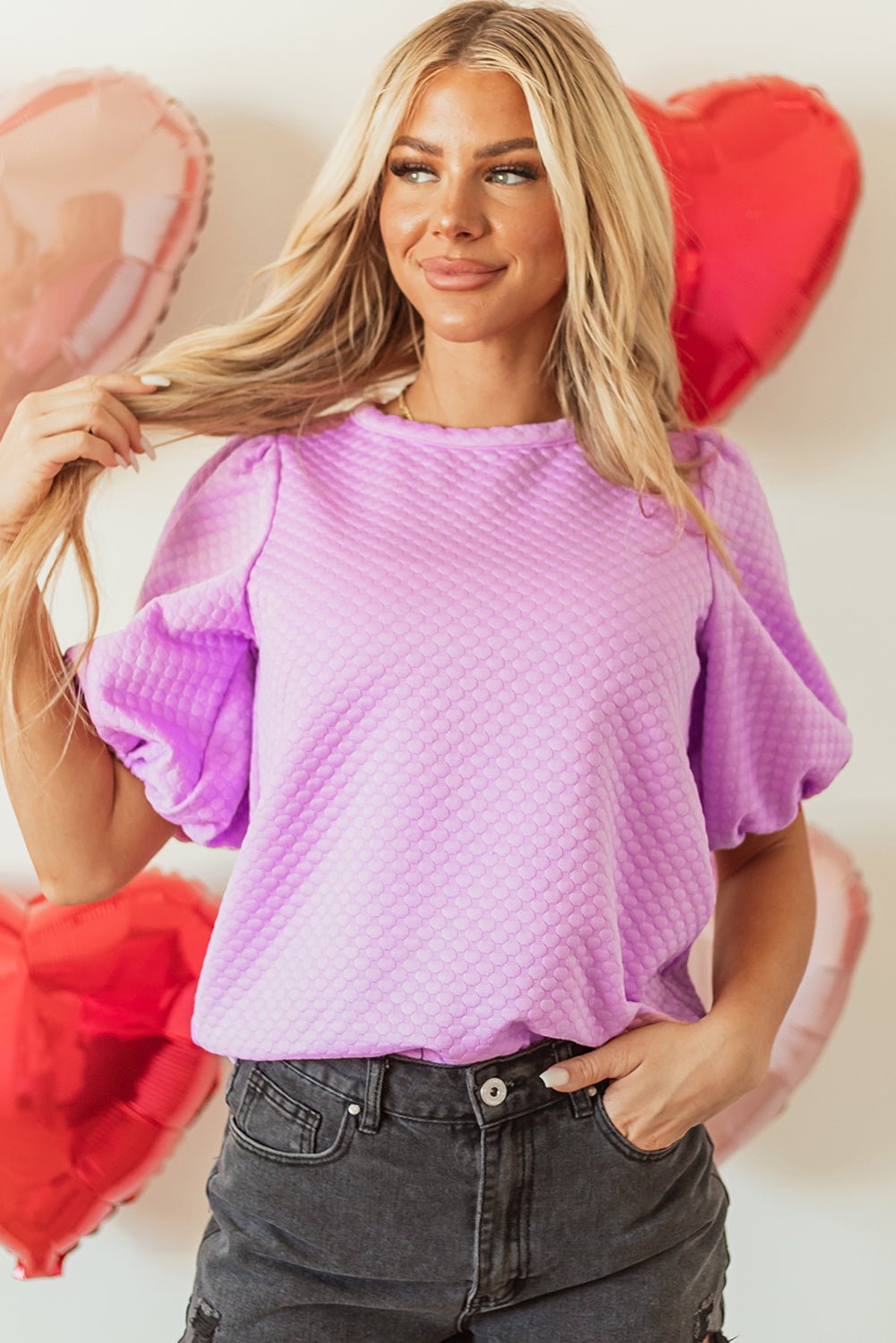 Textured Round Neck Puff Sleeve Blouse - Ormond Beach Boutique