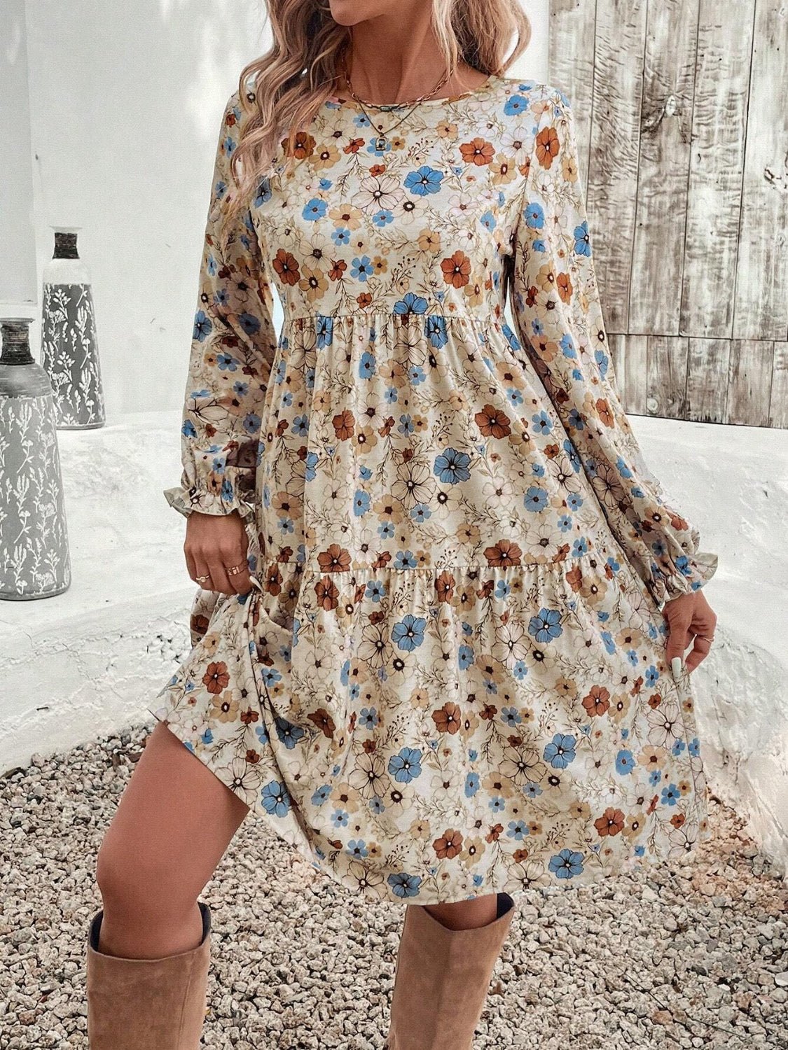 Tiered Floral Round Neck Long Sleeve Dress - Ormond Beach Boutique