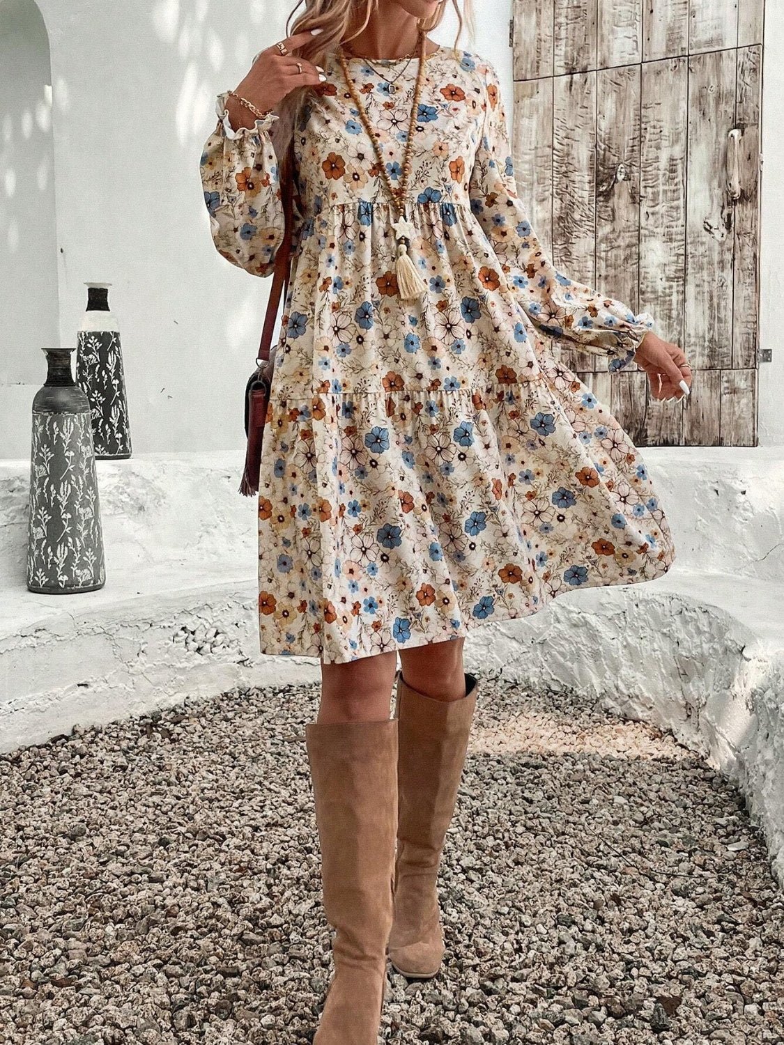 Tiered Floral Round Neck Long Sleeve Dress - Ormond Beach Boutique