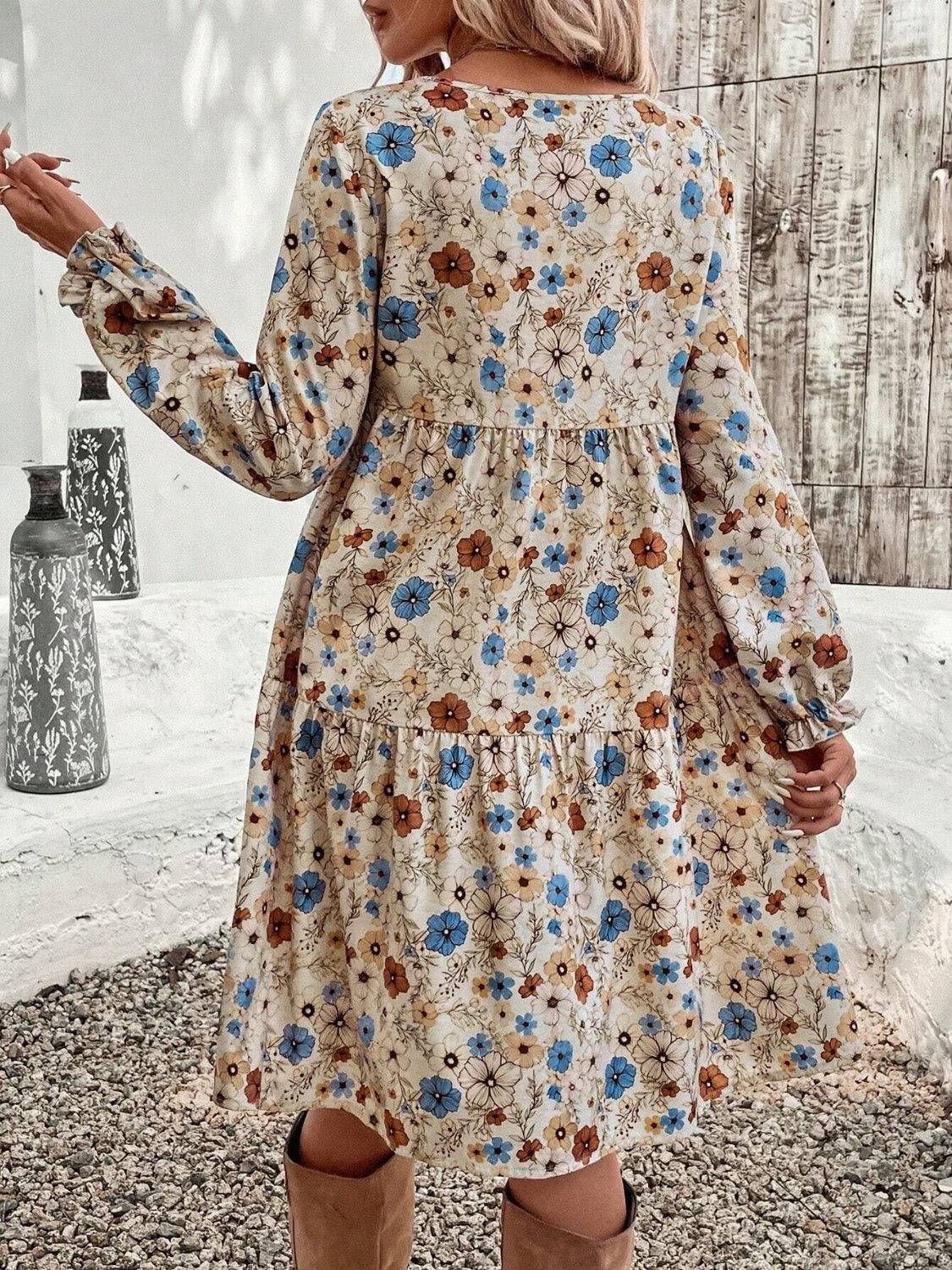 Tiered Floral Round Neck Long Sleeve Dress - Ormond Beach Boutique