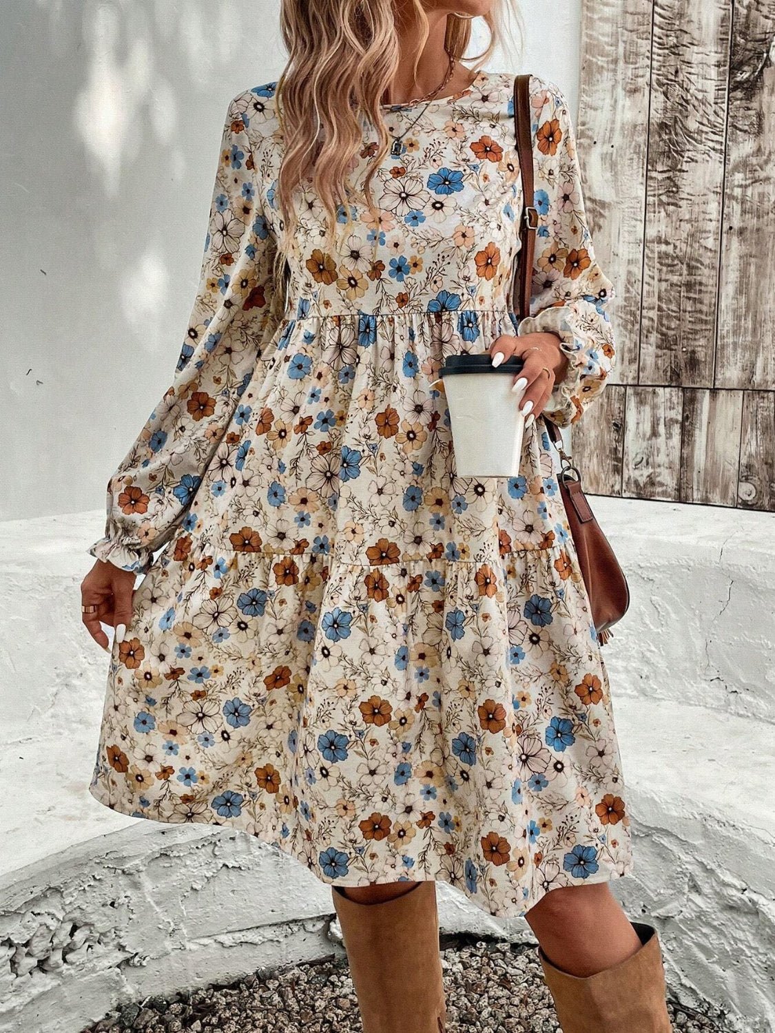 Tiered Floral Round Neck Long Sleeve Dress - Ormond Beach Boutique