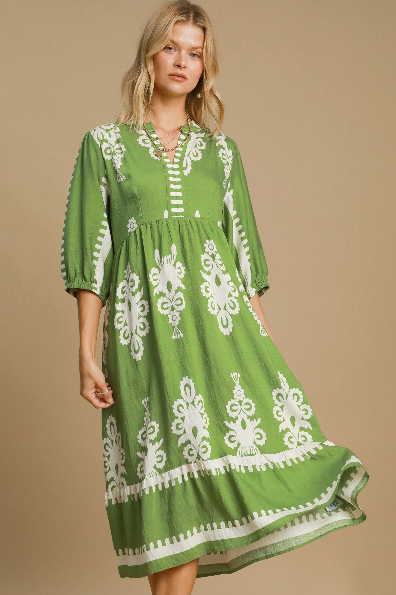 Umgee Printed Notched Midi Dress - Ormond Beach Boutique