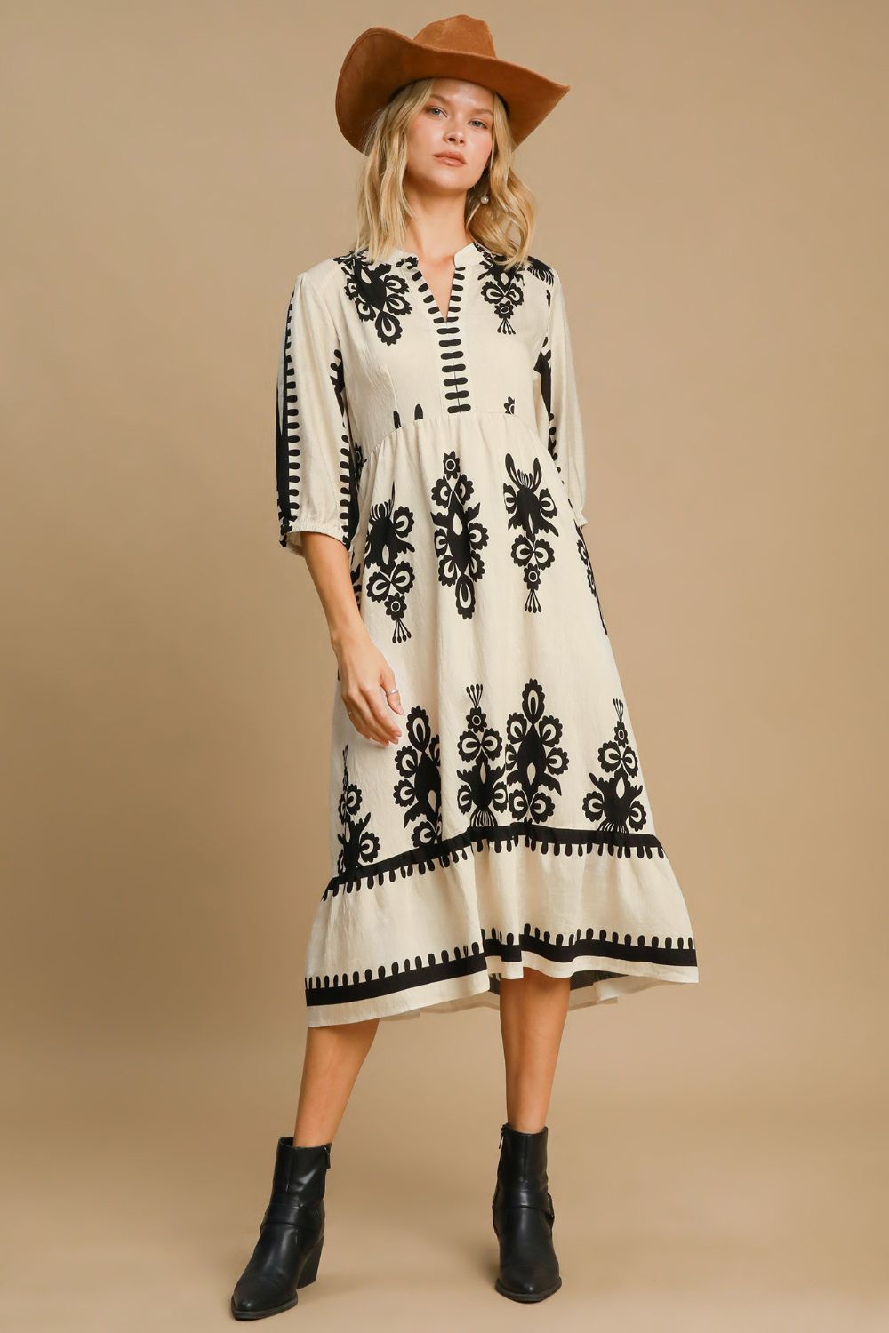 Umgee Printed Notched Midi Dress - Ormond Beach Boutique