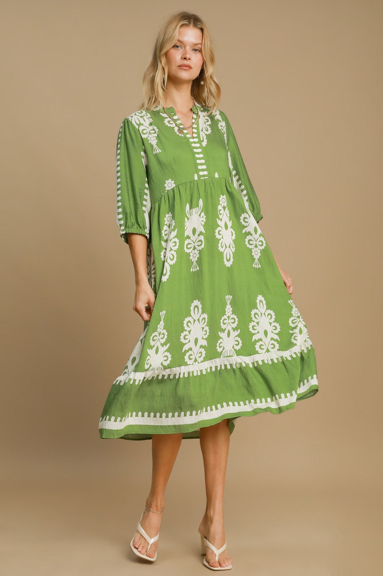 Umgee Printed Notched Midi Dress - Ormond Beach Boutique