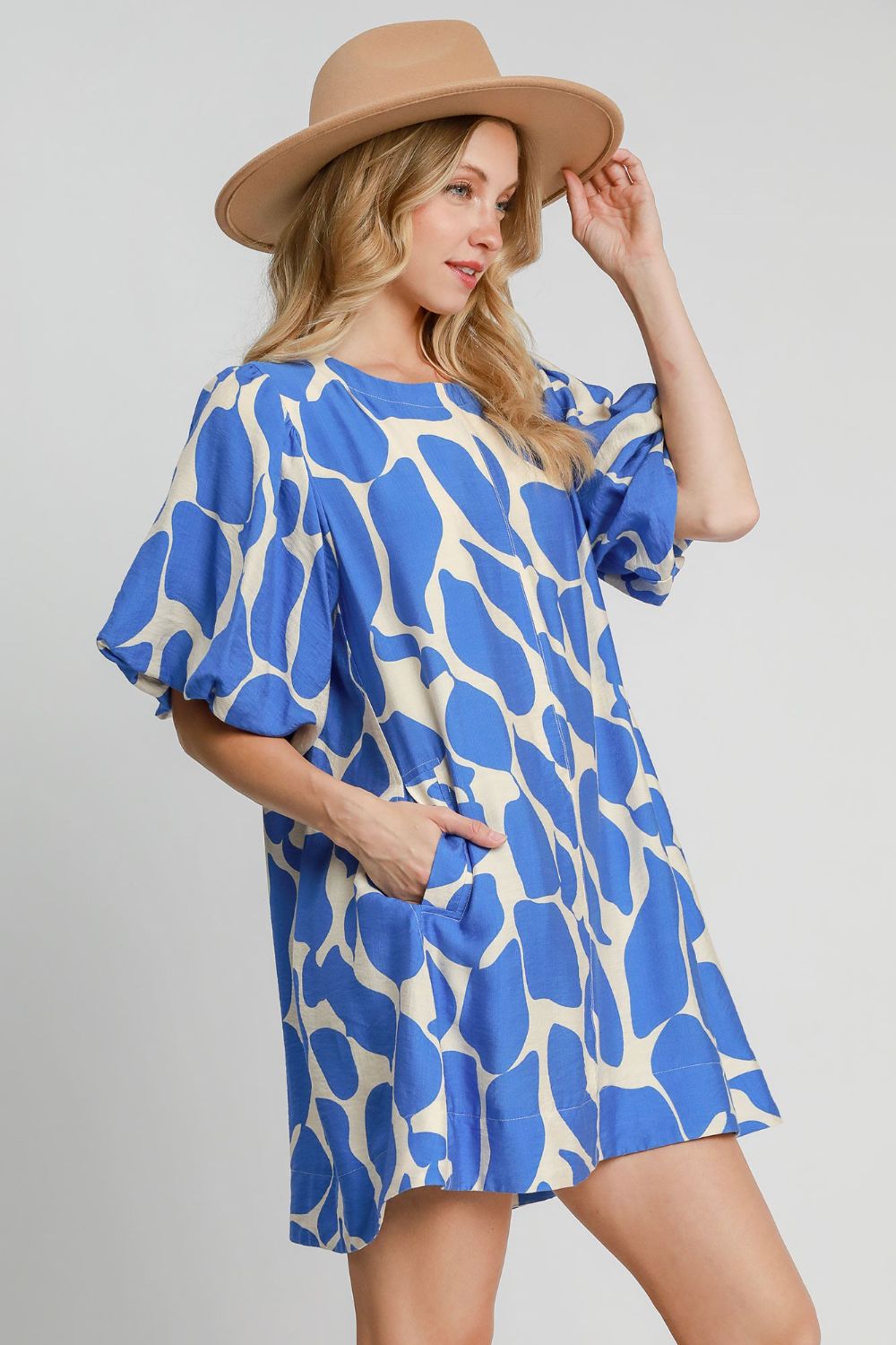 Umgee Two Tone Abstract Print Puff Sleeve Dress - Ormond Beach Boutique