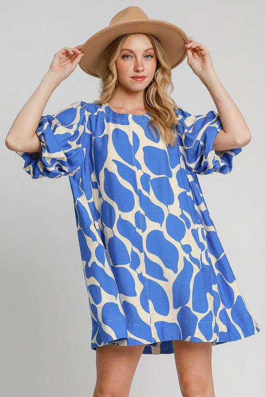 Umgee Two Tone Abstract Print Puff Sleeve Dress - Ormond Beach Boutique