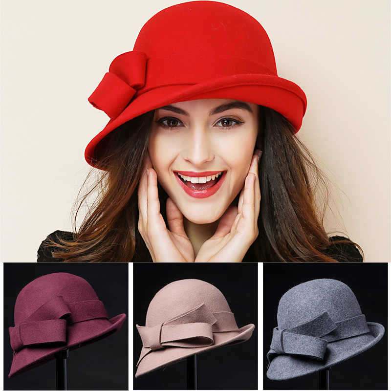 Women's French - style Elegant Retro Woolen Bowler Hat Curling Bow - Ormond Beach Boutique