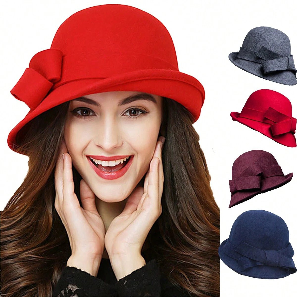 Women's French - style Elegant Retro Woolen Bowler Hat Curling Bow - Ormond Beach Boutique