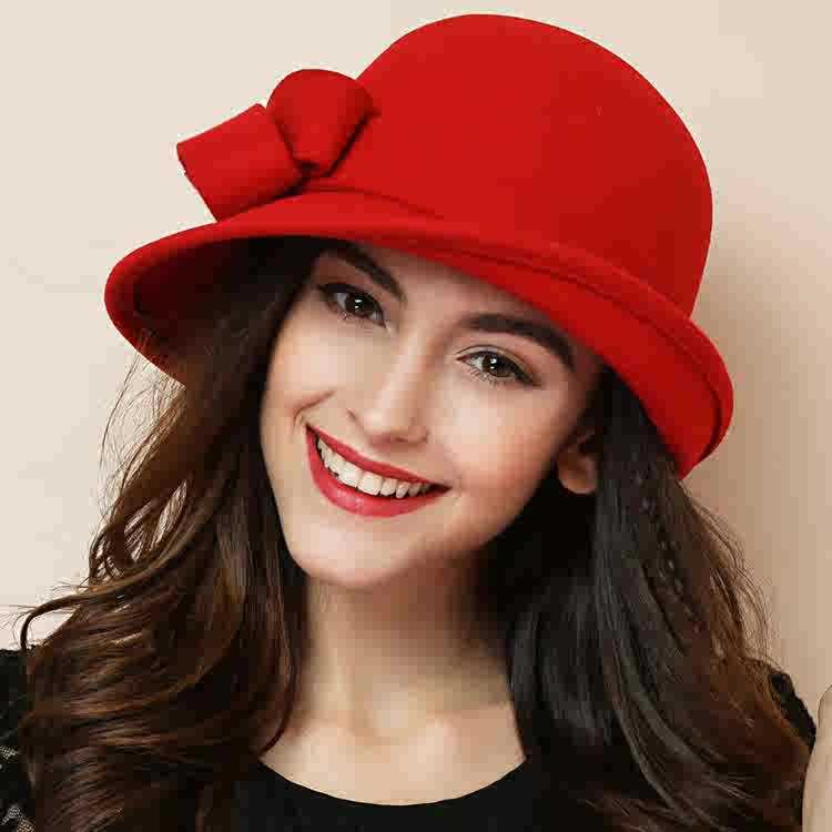 Women's French - style Elegant Retro Woolen Bowler Hat Curling Bow - Ormond Beach Boutique