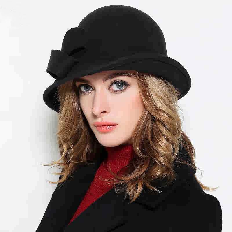 Women's French - style Elegant Retro Woolen Bowler Hat Curling Bow - Ormond Beach Boutique