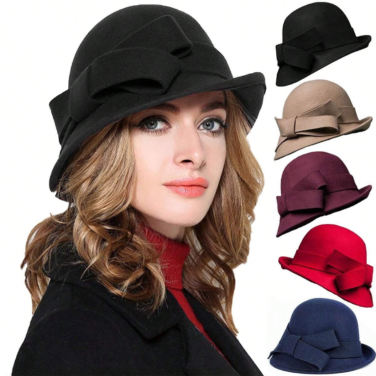 Women's French - style Elegant Retro Woolen Bowler Hat Curling Bow - Ormond Beach Boutique