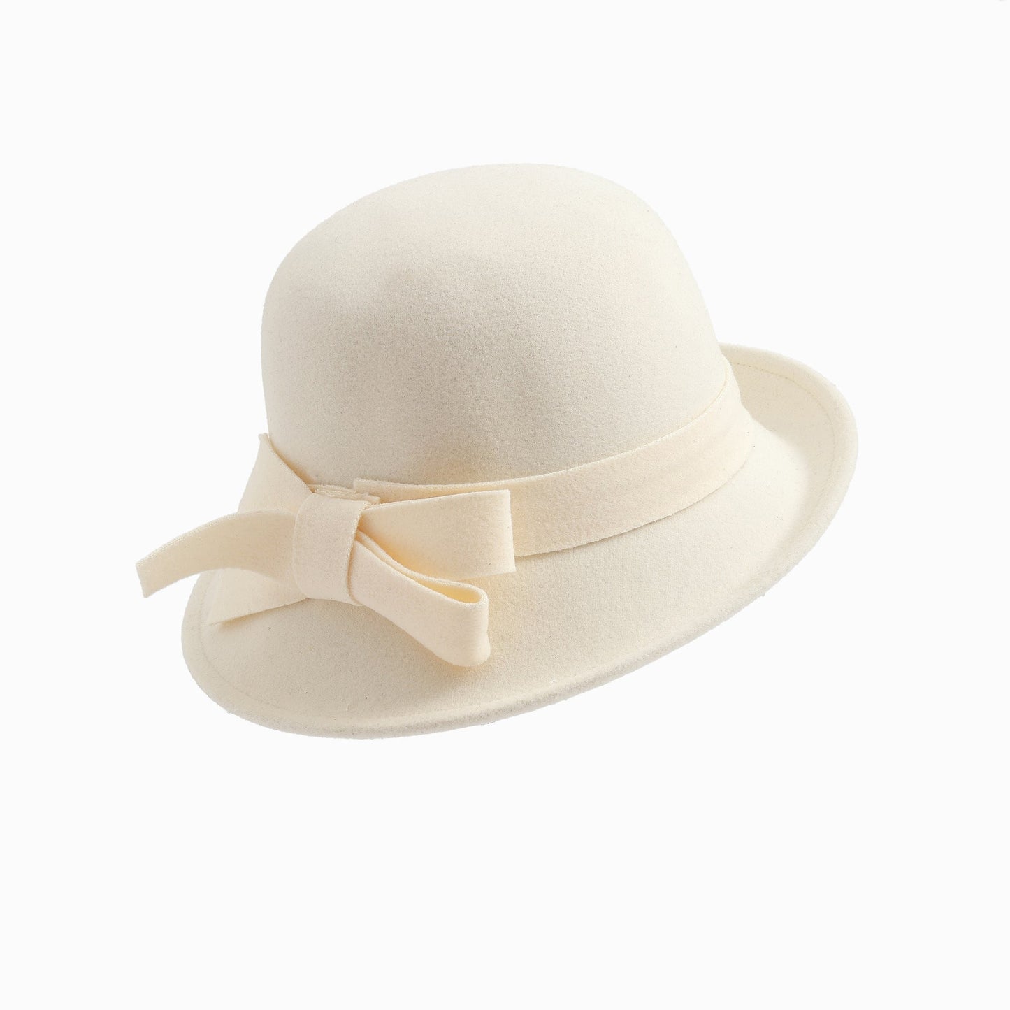 Women's French - style Elegant Retro Woolen Bowler Hat Curling Bow - Ormond Beach Boutique