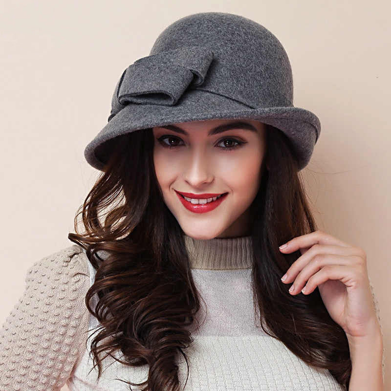 Women's French - style Elegant Retro Woolen Bowler Hat Curling Bow - Ormond Beach Boutique