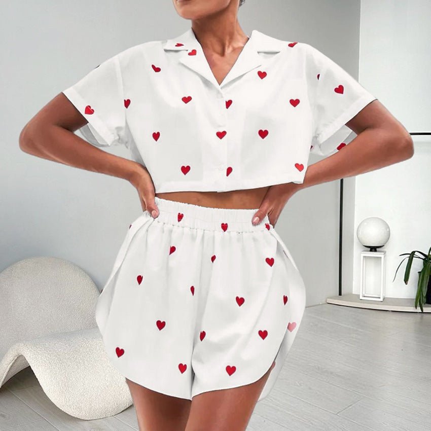 Women's Silk - like Heart Printing Pajamas Two - piece Set - Ormond Beach Boutique