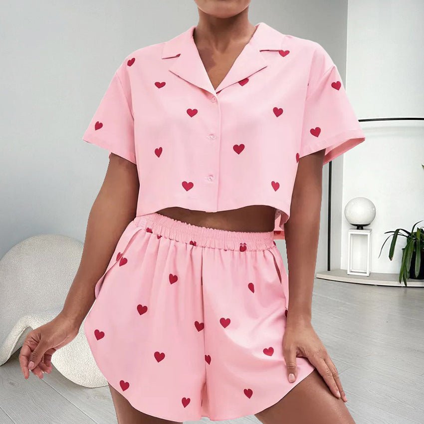 Women's Silk - like Heart Printing Pajamas Two - piece Set - Ormond Beach Boutique