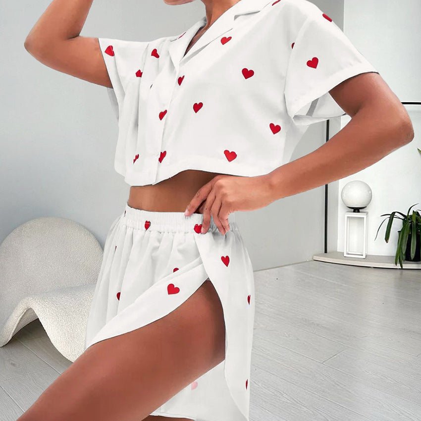 Women's Silk - like Heart Printing Pajamas Two - piece Set - Ormond Beach Boutique