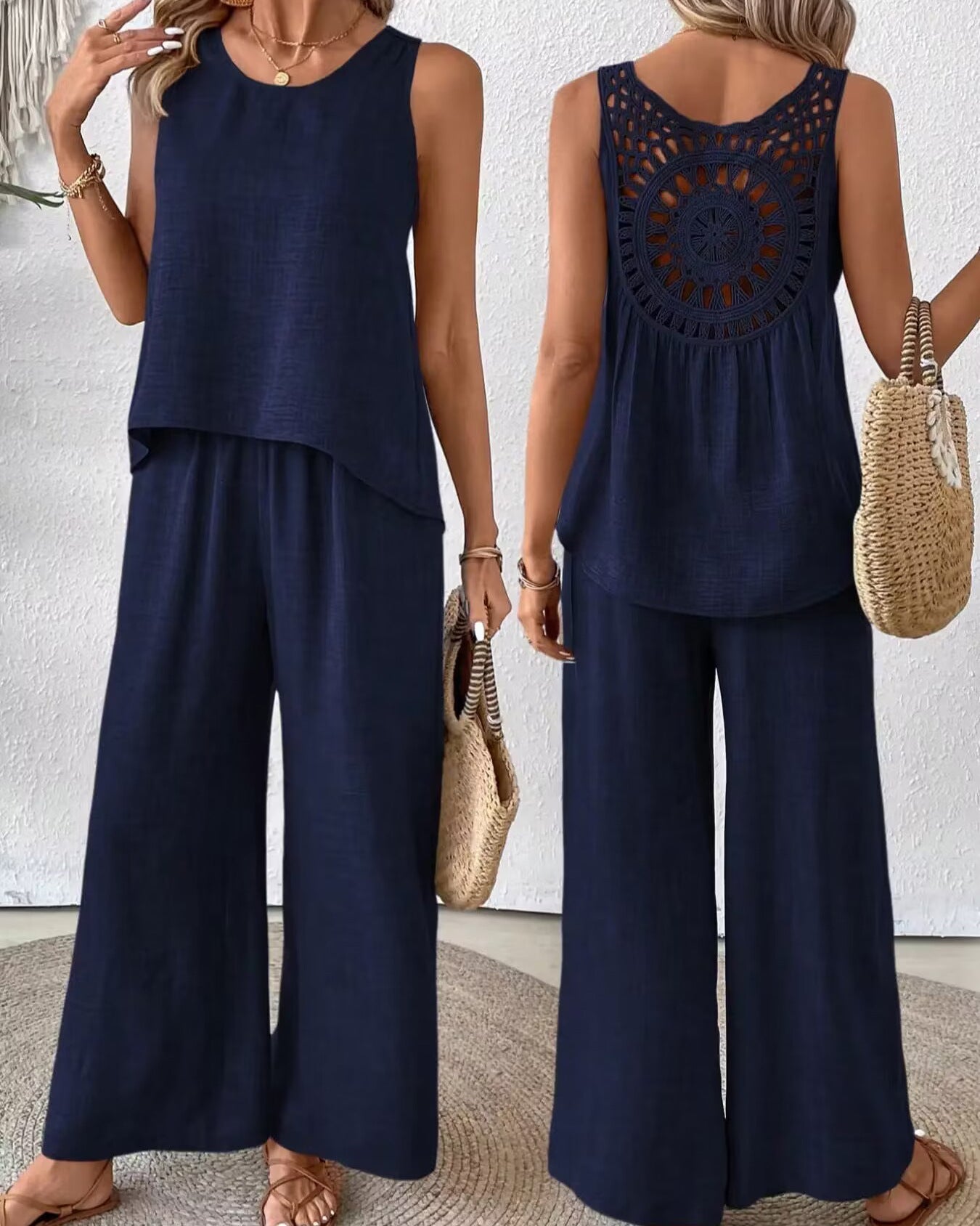 Women's Sleeveless Solid Color Back Hollow Lace Suit - Ormond Beach Boutique