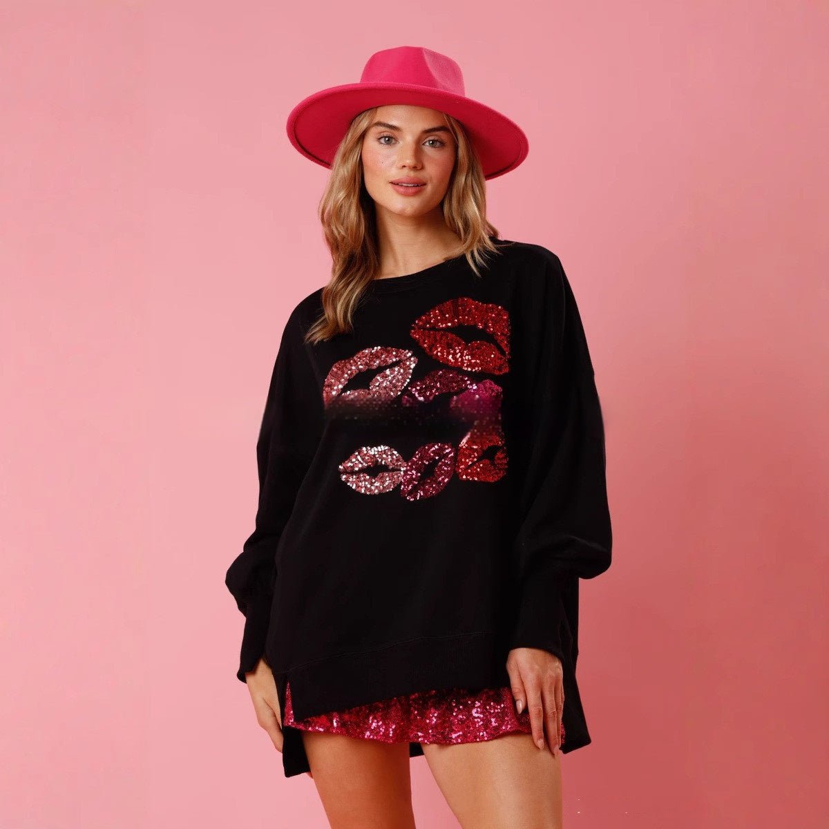 Women's Valentine's Day Sequined Kiss Top Fashion - Ormond Beach Boutique