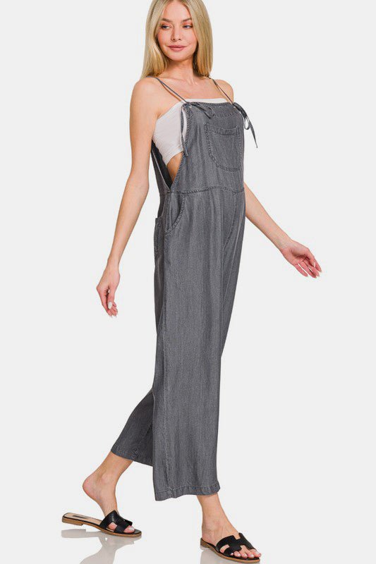 Zenana Washed Adjustable Strap Wide Leg Denim Overalls - Ormond Beach Boutique