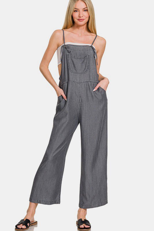 Zenana Washed Adjustable Strap Wide Leg Denim Overalls - Ormond Beach Boutique